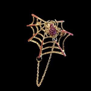 Gothic Spider & Web Gold, Pink, & Clear Crystal Brooch Pin With Loop Chain